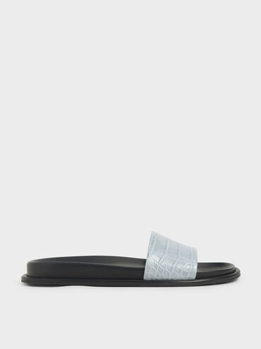 Croc-Effect Slide Sandals, Blue, hi-res