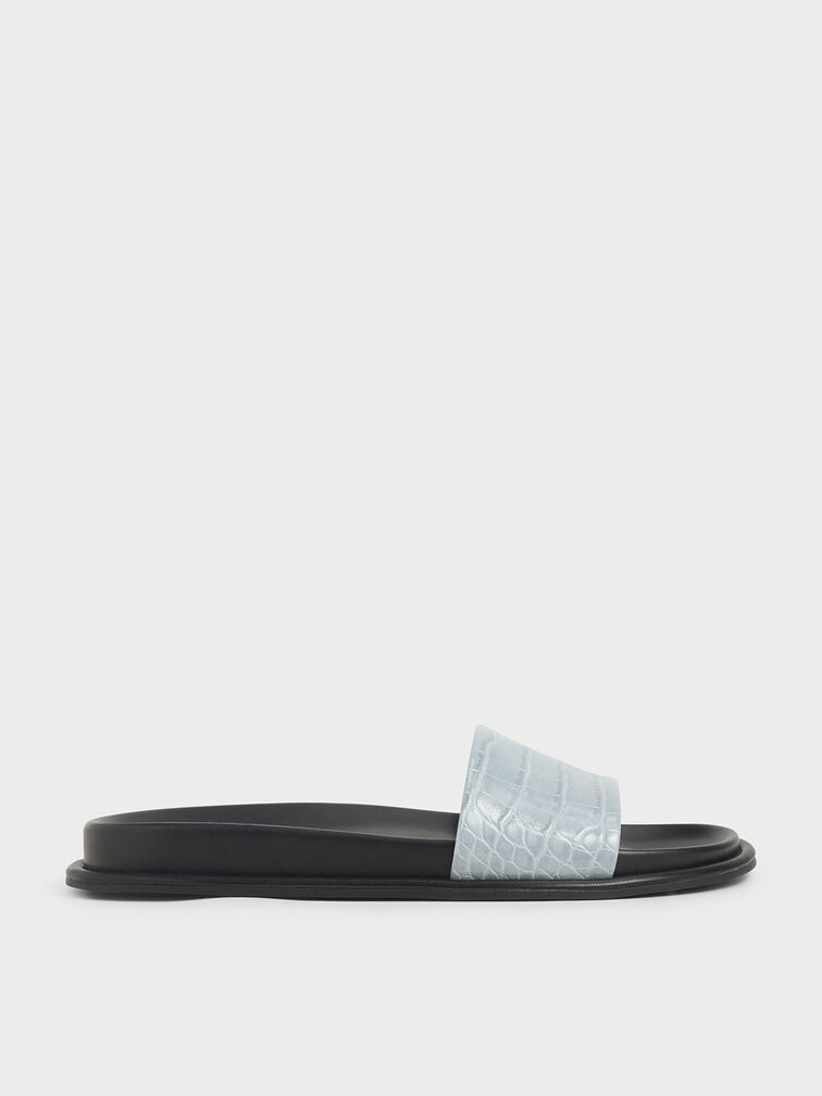 Croc-Effect Slide Sandals, Blue, hi-res