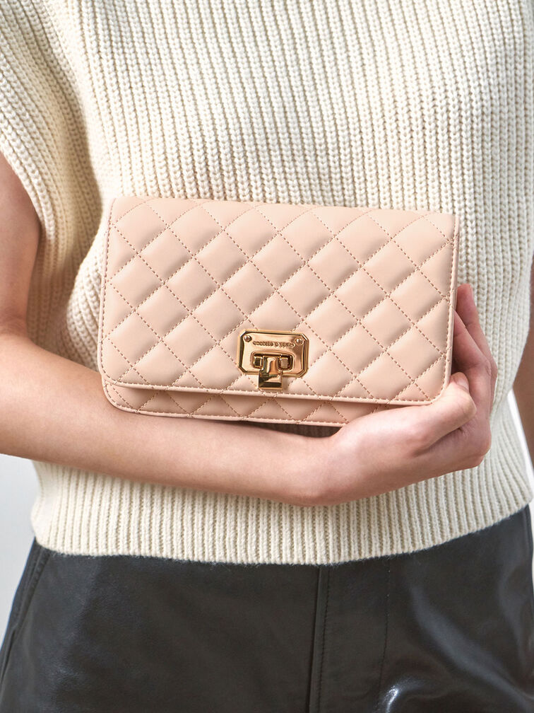 Quilted Flip-Lock Clutch, Nude, hi-res