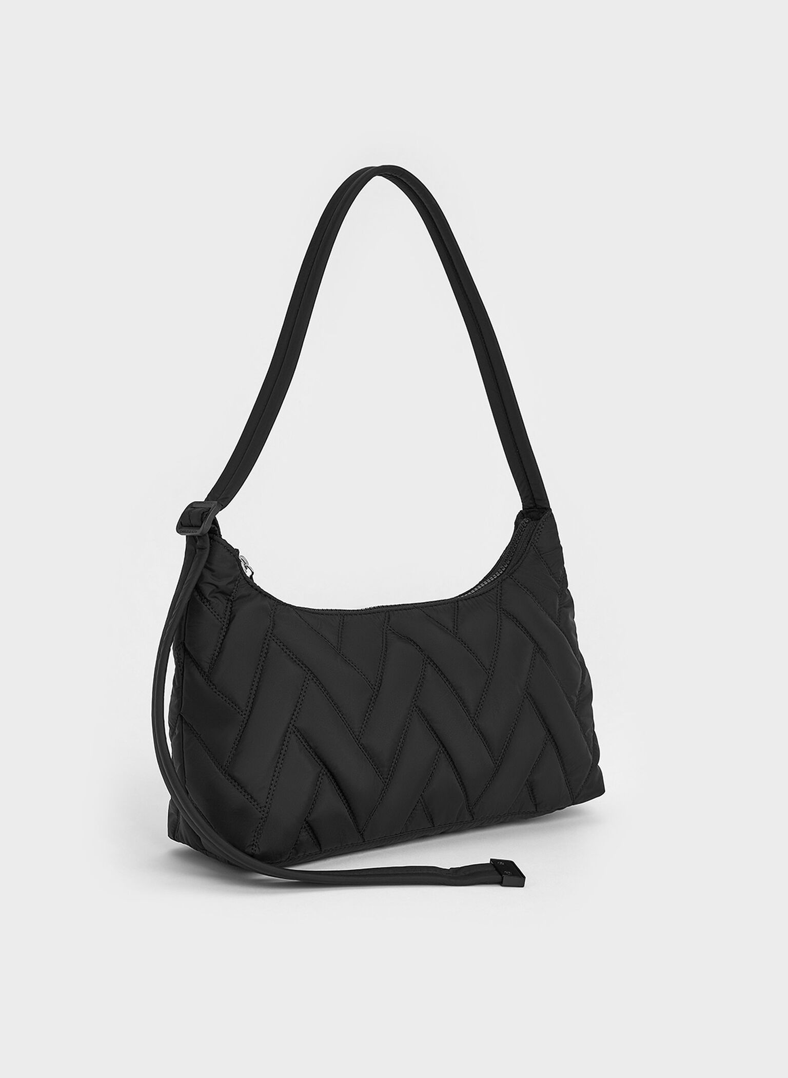 Bolso de hombro estilo chevron de nylon, negro azabache, hi-res