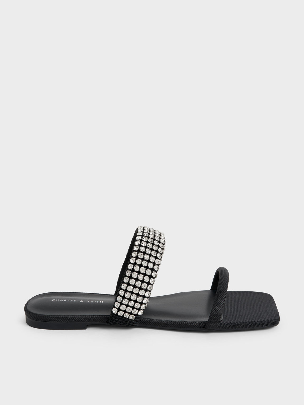 Gem-Embellished Strap Slides, Black, hi-res