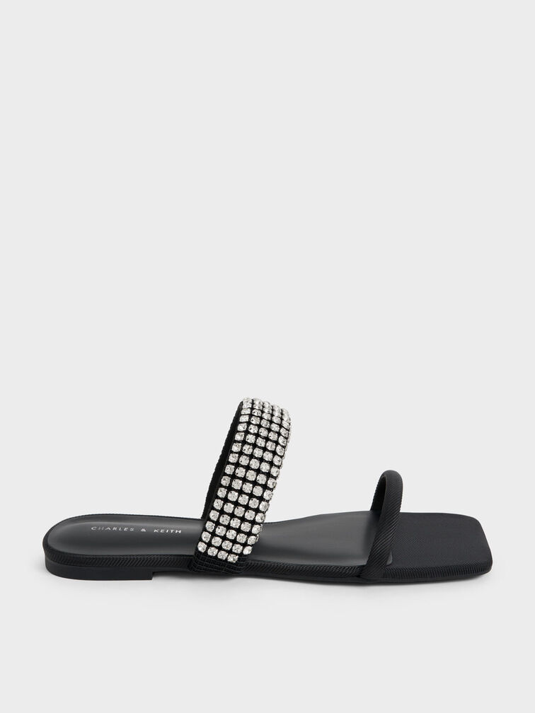 Chanclas con tiras y adornada con gemas, Negro, hi-res