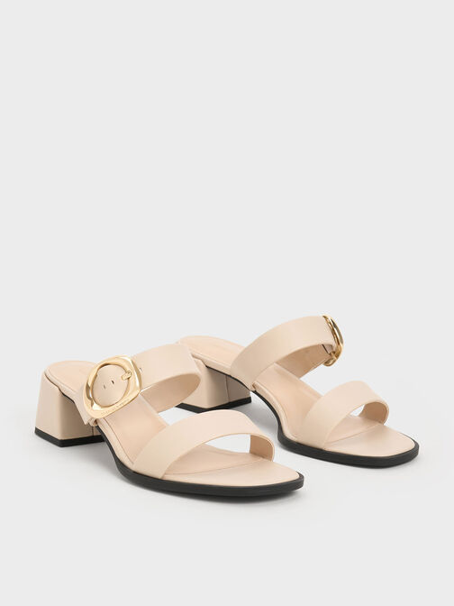 Oval-Buckle Heeled Mules, Nude, hi-res