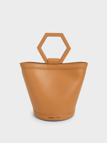 Geometric Handle Bucket Bag, Cognac, hi-res