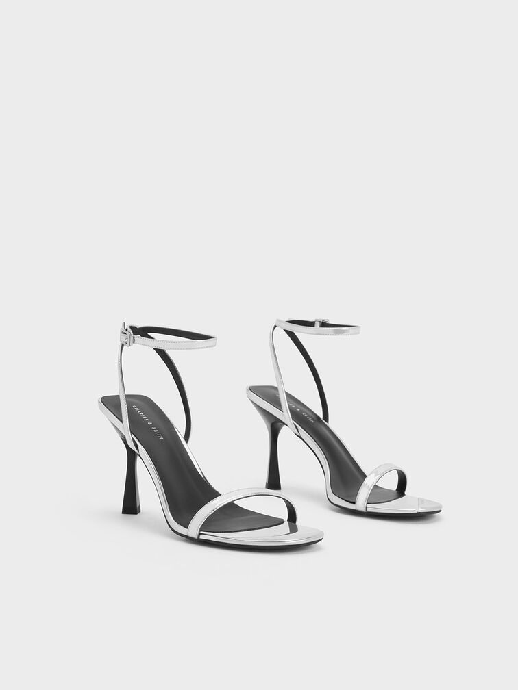 Silver Metallic Cap Ankle-Strap Heeled Sandals - CHARLES & KEITH US