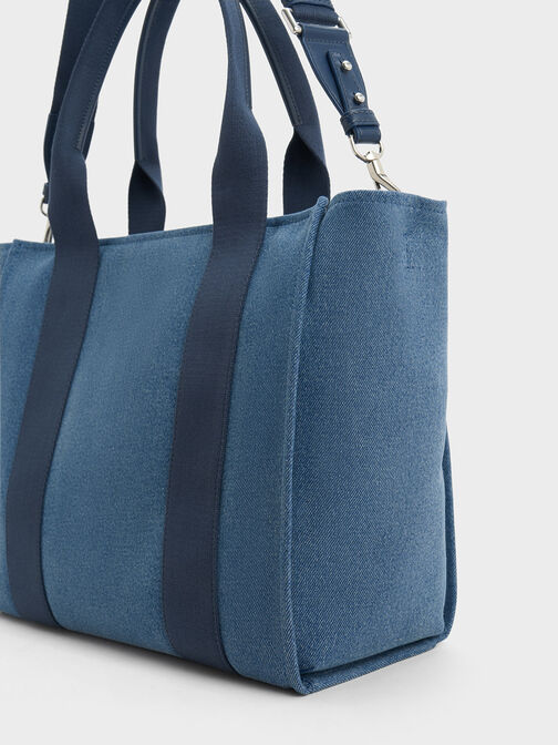Large Kay Denim Contrast-Trim Tote Bag, Blue, hi-res