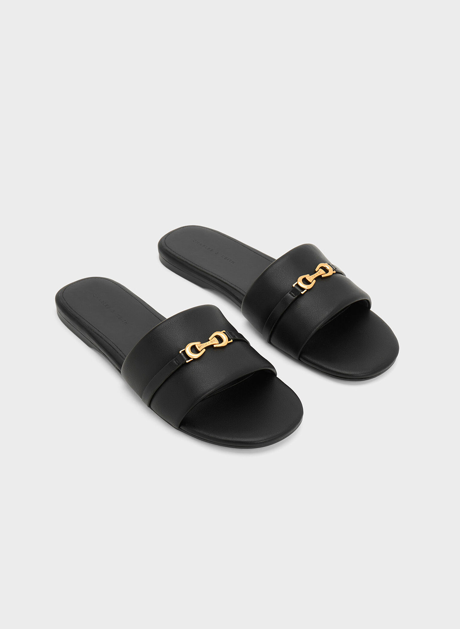 Black Metallic Accent Round-Toe Slide Sandals - CHARLES & KEITH SG