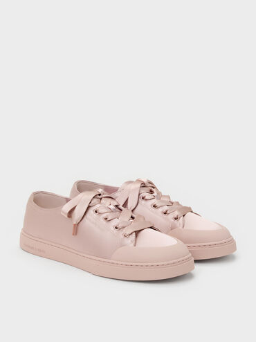 Satin Lace-Up Sneakers, Light Pink, hi-res