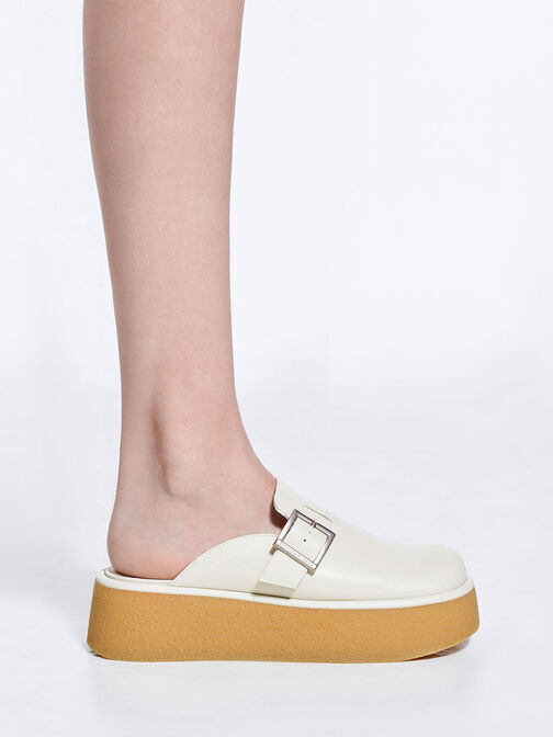 Textured Buckled Flatform Mules, Cream, hi-res