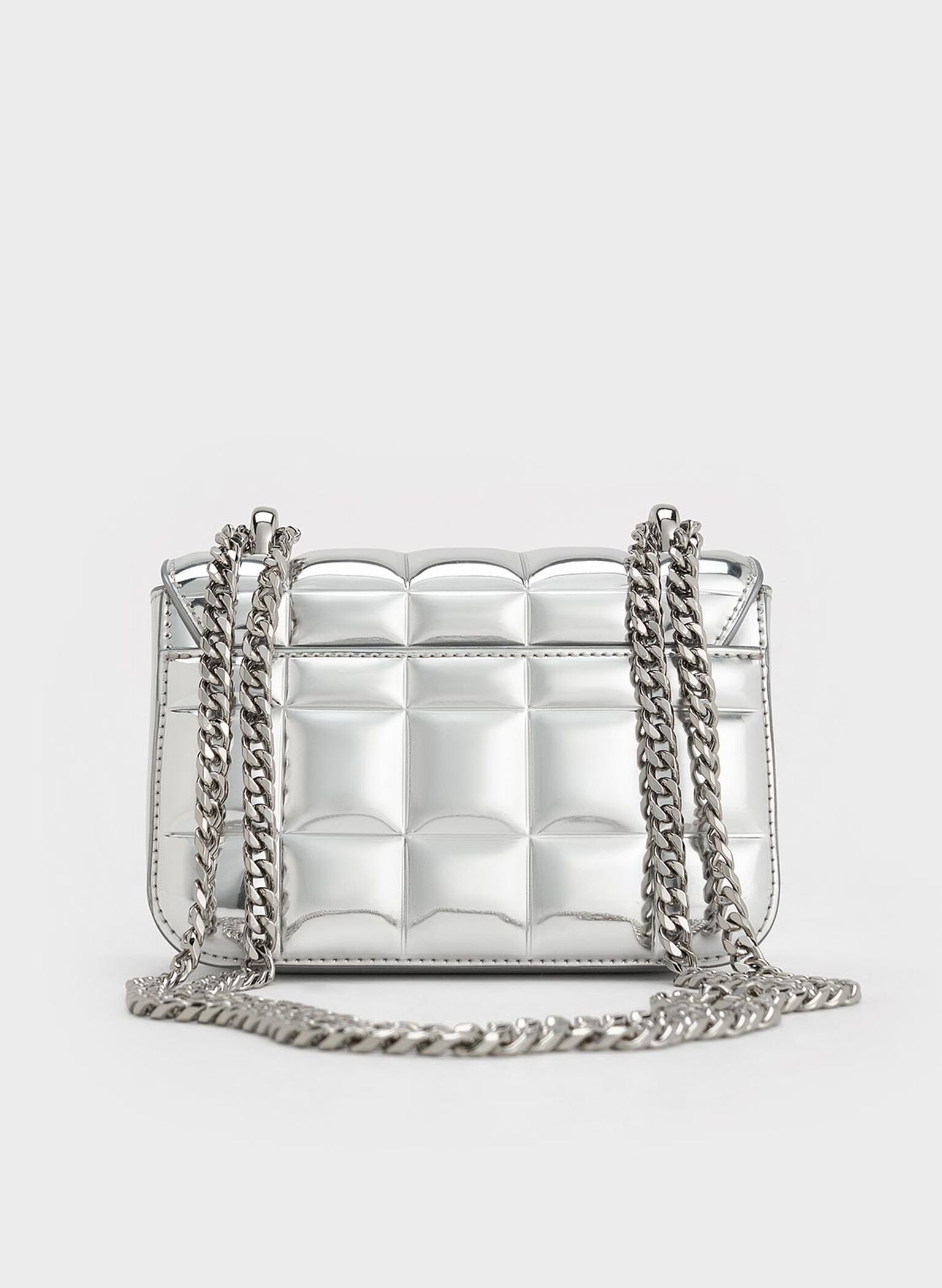 Metallic Square-Quilted Chain-Handle Bag, Silver, hi-res