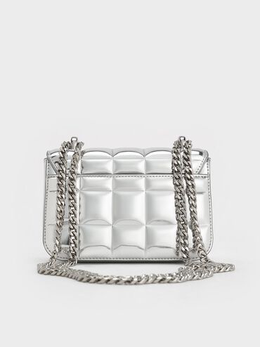 Metallic Square-Quilted Chain-Handle Bag, Silver, hi-res