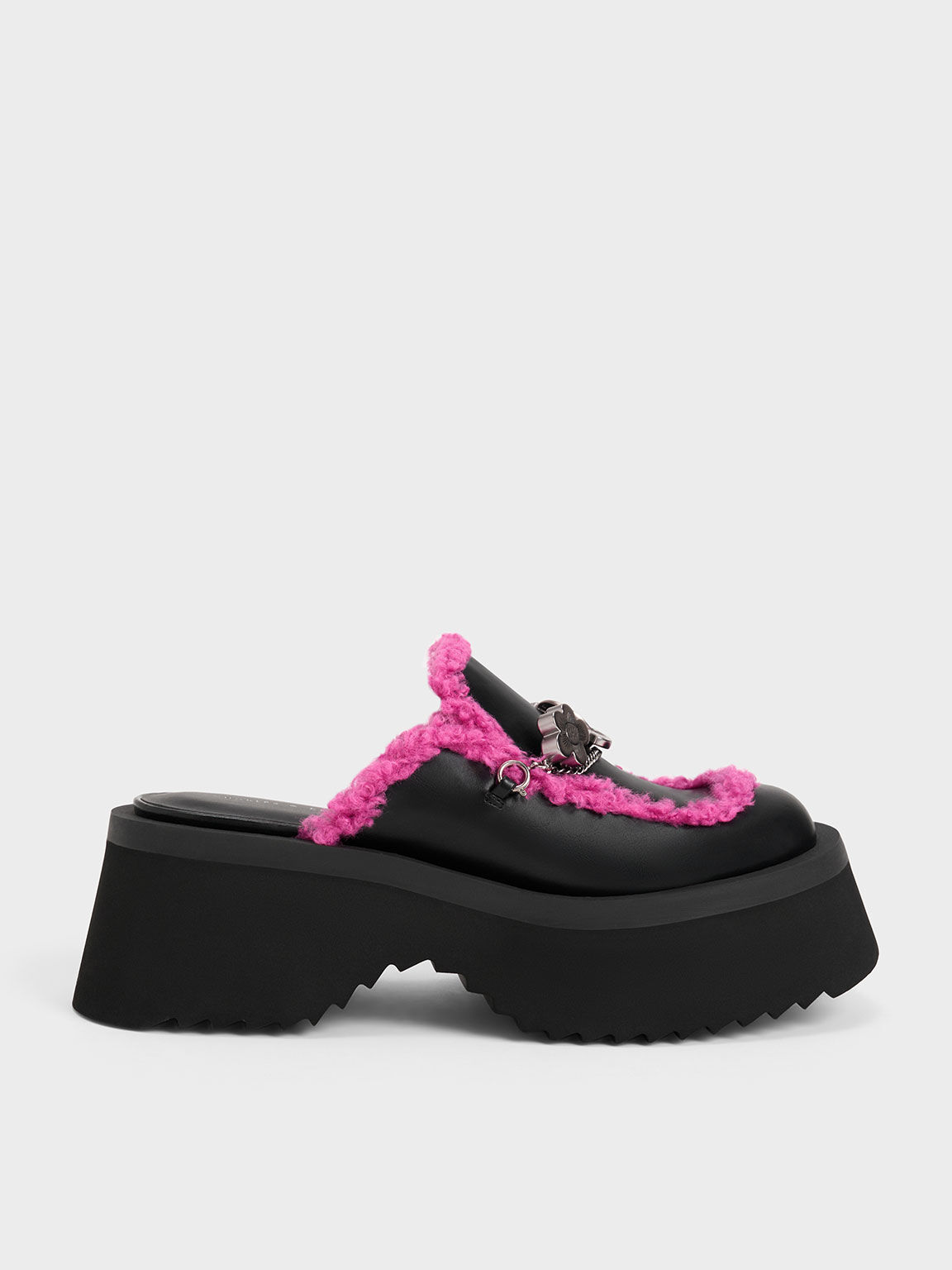 Lotso Fur-Trim Embellished Platform Mules, Black Textured, hi-res