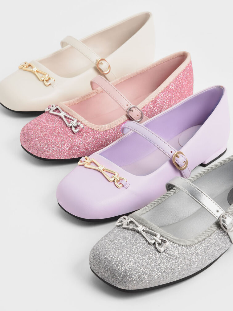 Girls' Metallic Accent Glittered Mary Janes, Pink, hi-res