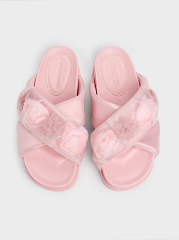 Satin Flower-Applique Crossover Sandals, Light Pink, hi-res