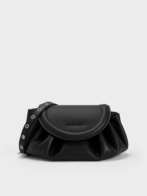 Blossom Curved Flap Crossbody Bag, Black, hi-res