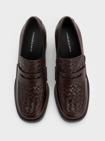 Woven-Detail Penny Loafer Block-Heel Pumps, Dark Brown, hi-res