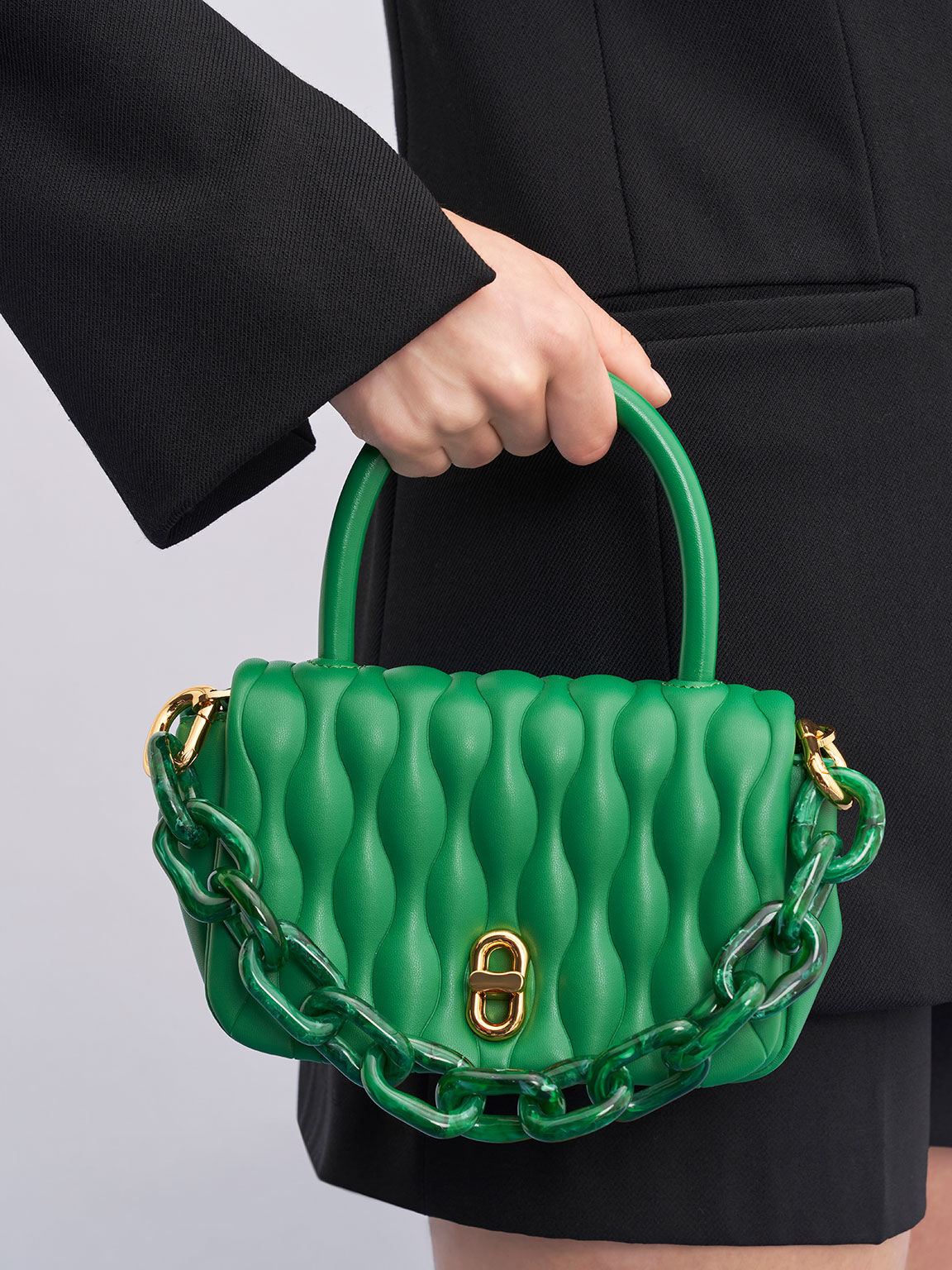 Iva 波浪絎縫手提包, 綠色, hi-res