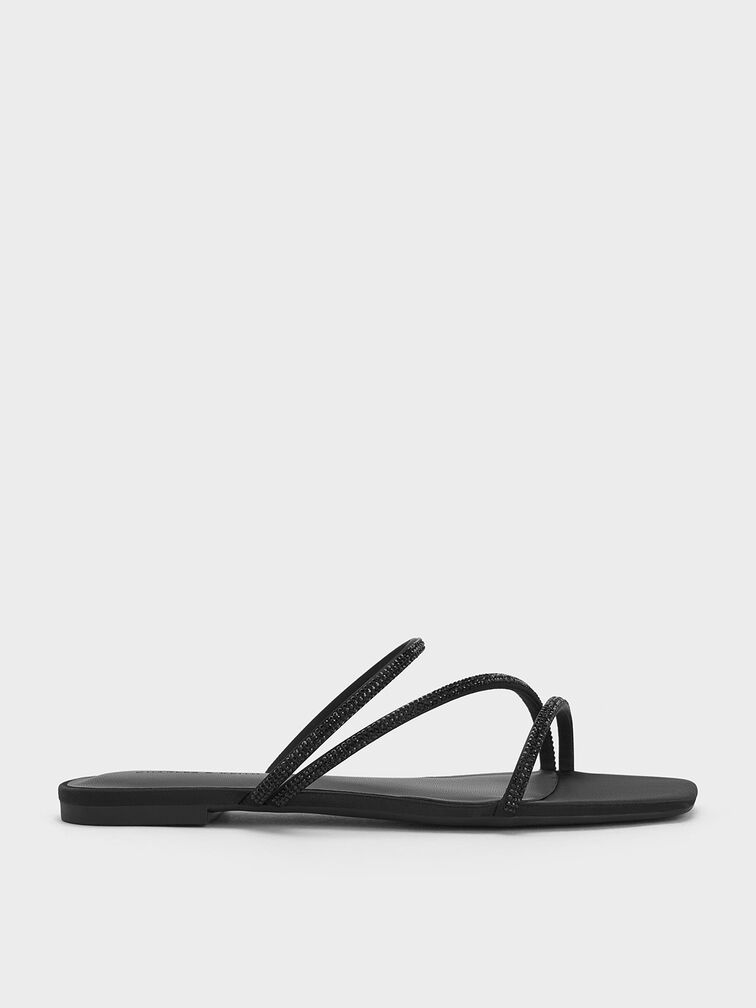 Satin Crystal-Embellished Strappy Sandals, Black Textured, hi-res