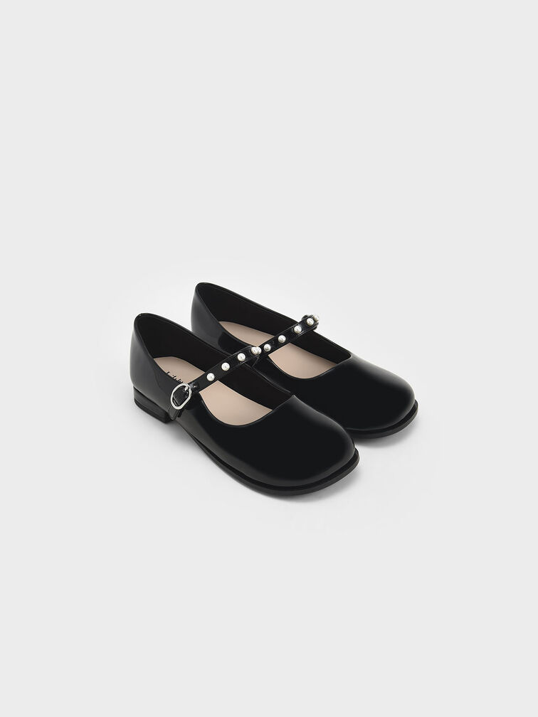 Girls' Patent Pearl-Embellished Mary Janes, Black, hi-res