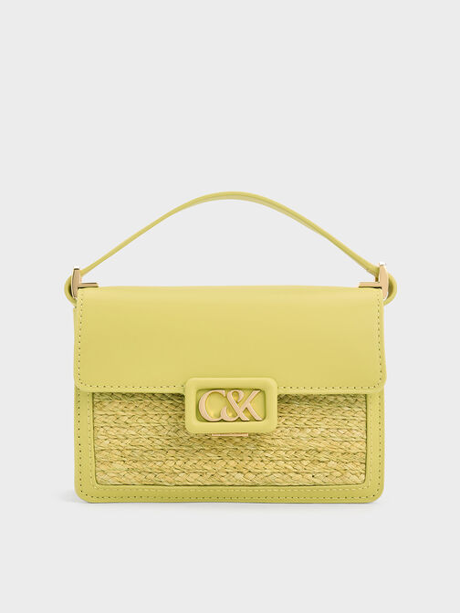 Leather & Raffia Boxy Bag, Lime, hi-res
