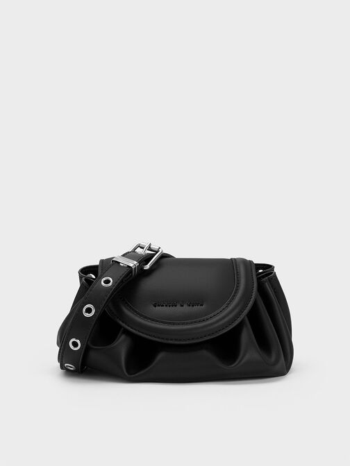 Mini Blossom Curved Flap Crossbody Bag, Black, hi-res