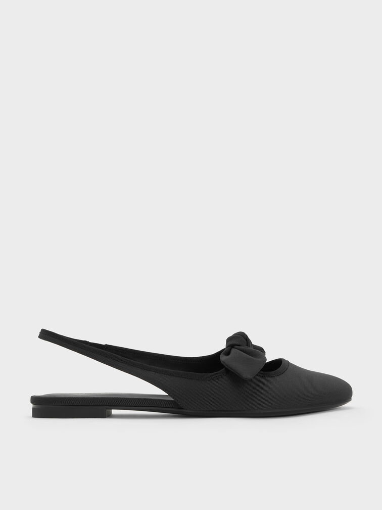 Knotted Bow Slingback Flats, Black Textured, hi-res