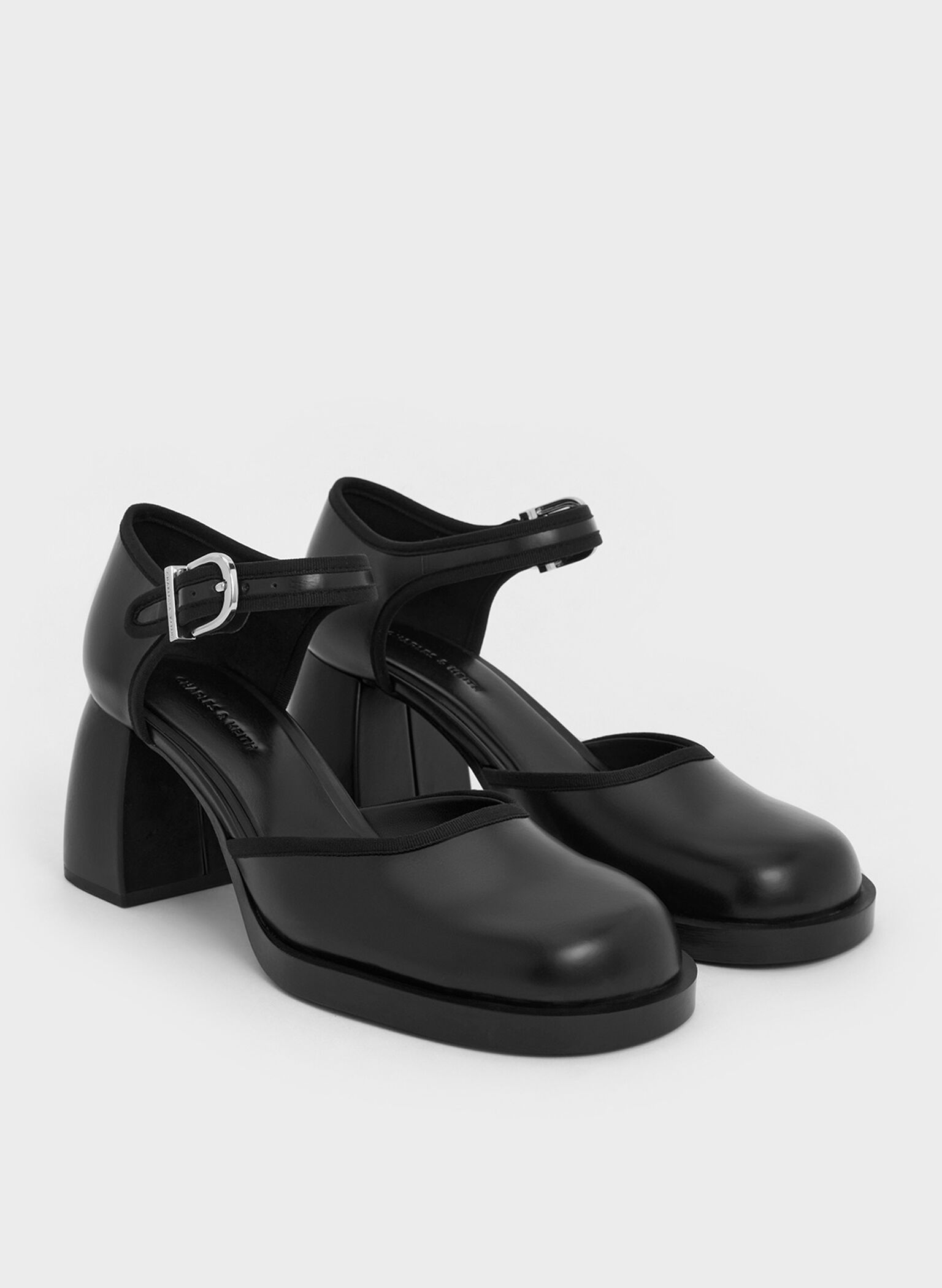Block-Heel Ankle-Strap D'Orsay Pumps, Black, hi-res