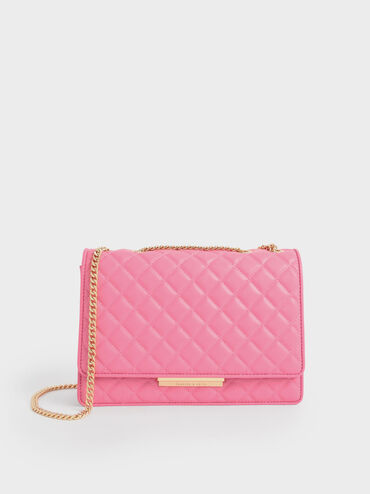 Double Chain Handle Quilted Bag, Pink, hi-res