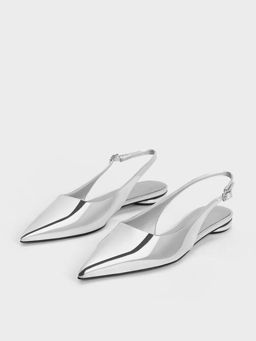 Metallic Pointed-Toe Slingback Flats, Silver, hi-res