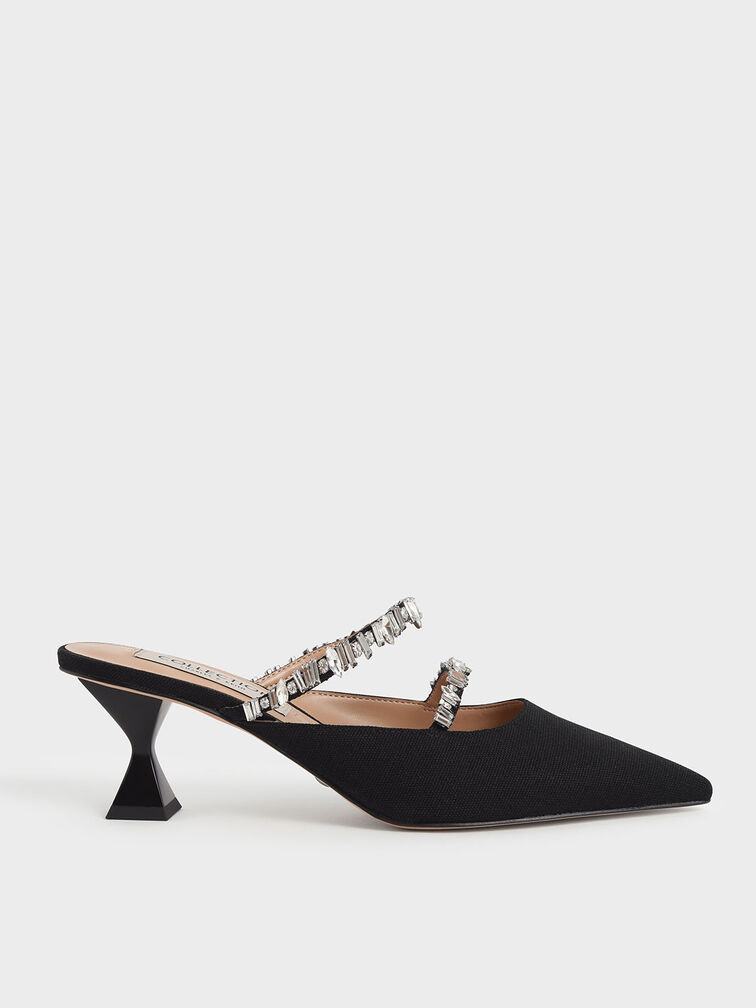 Canvas Double Gem Strap Mules, Black, hi-res