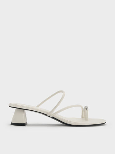 Metallic-Accent Strappy Toe-Ring Heeled Sandals, Chalk, hi-res