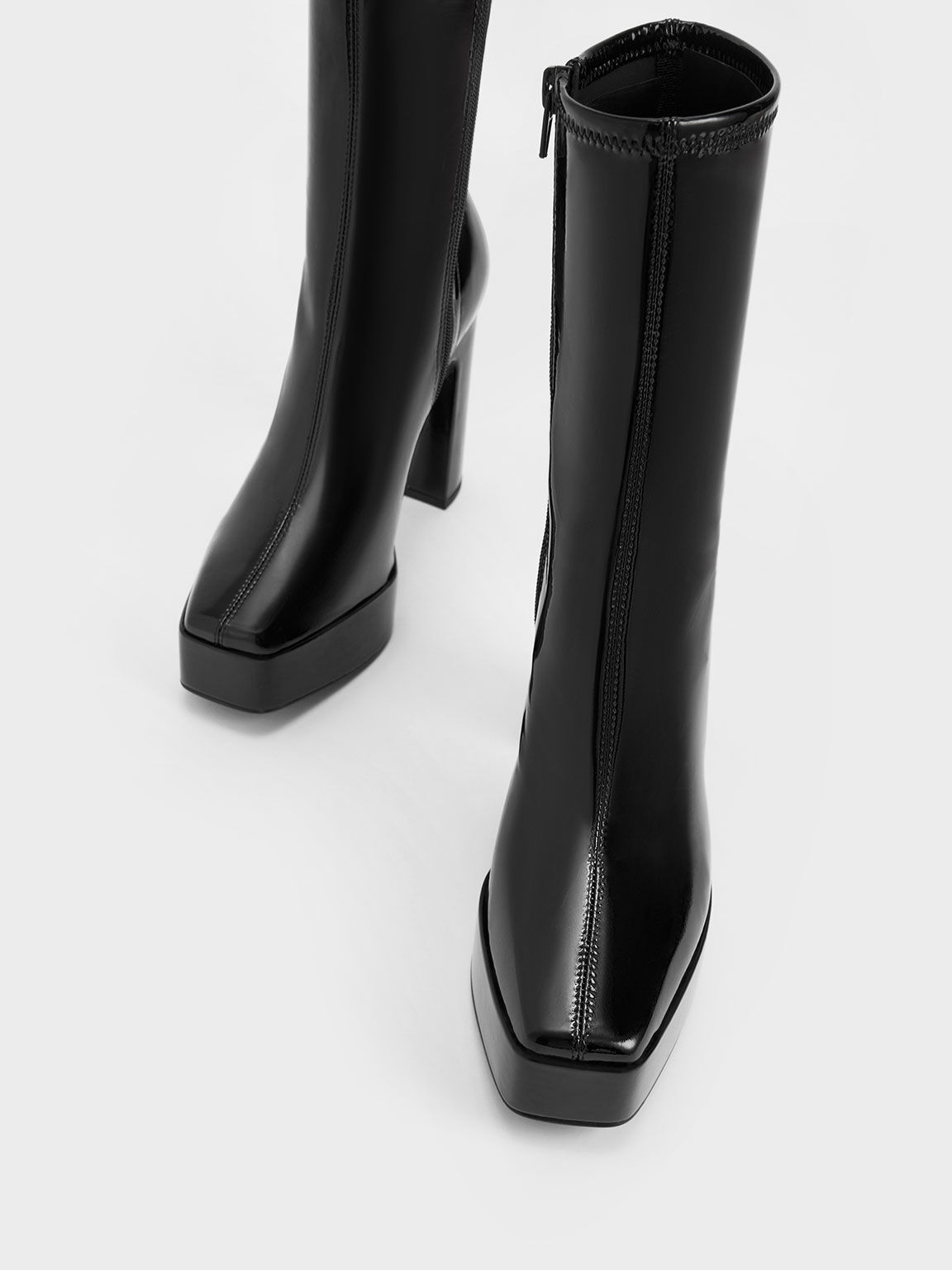 Patent Platform Block Heel Ankle Boots, Black, hi-res