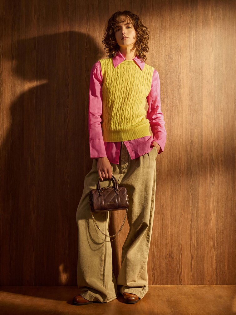 Philomena Panelled Chain-Handle Bowling Bag, Distressed Coffee, hi-res