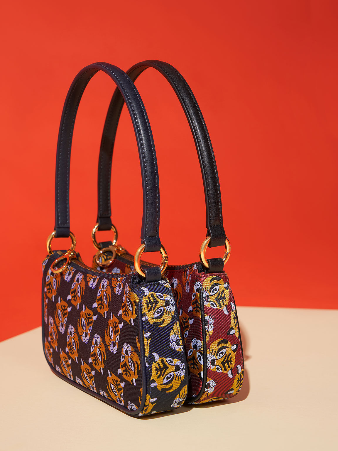 Lunar New Year Collection: Tiger Print Jacquard Shoulder Bag, Red, hi-res