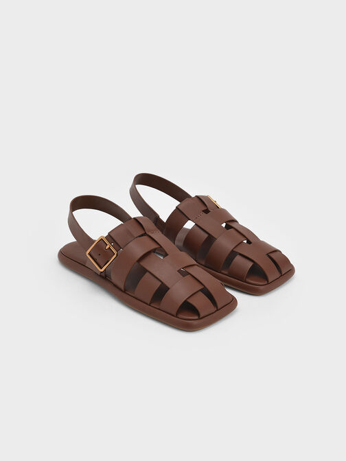 Metallic Buckle Caged Slingback Sandals, Brown, hi-res