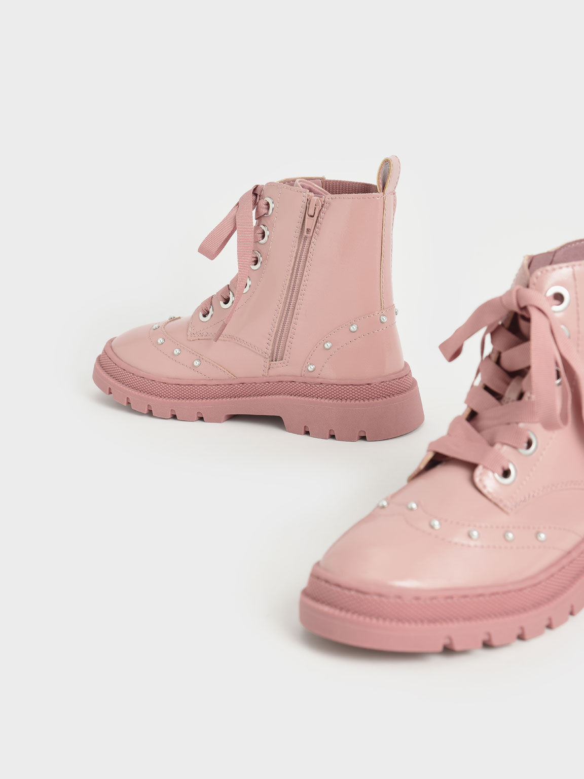 Girls' Patent Studded Lace-Up Ankle Boots, Pink, hi-res