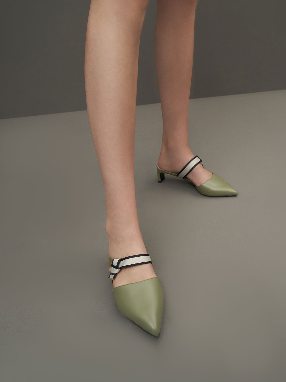 Knotted Fabric Strap Pointed Mules, Olive, hi-res