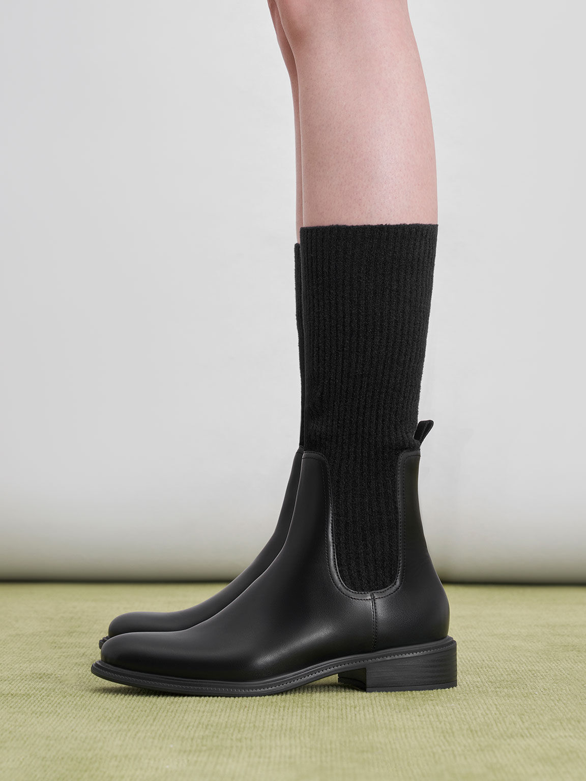 Knee-High Knitted Sock Boots, Black, hi-res