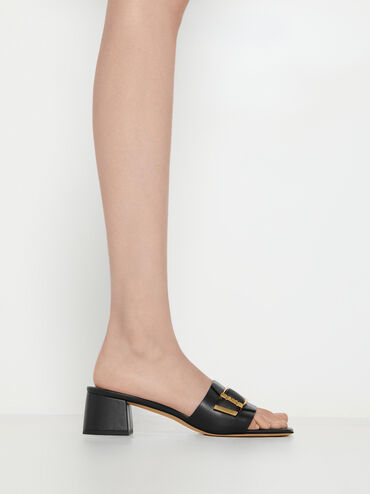 Leather Buckled Block-Heel Mules, Black, hi-res