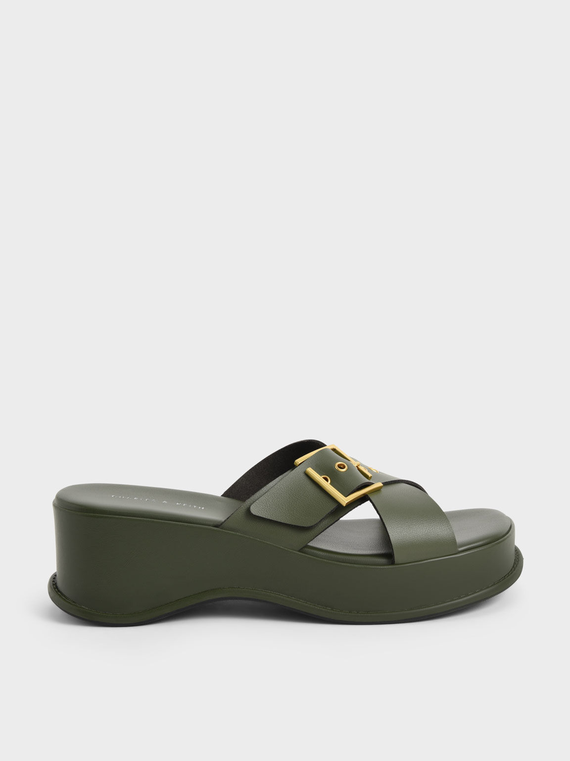 Buckled Crossover Platform Sandals, Olive, hi-res