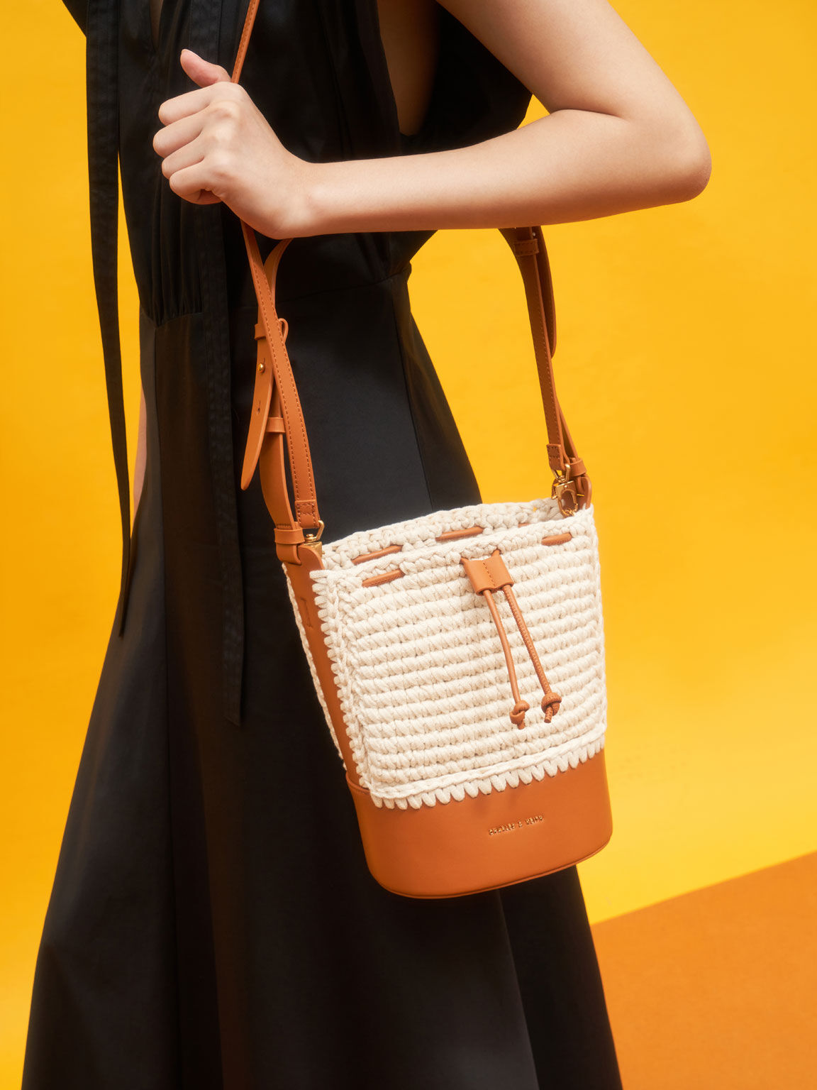 Crochet Drawstring Bucket Bag, Cognac, hi-res