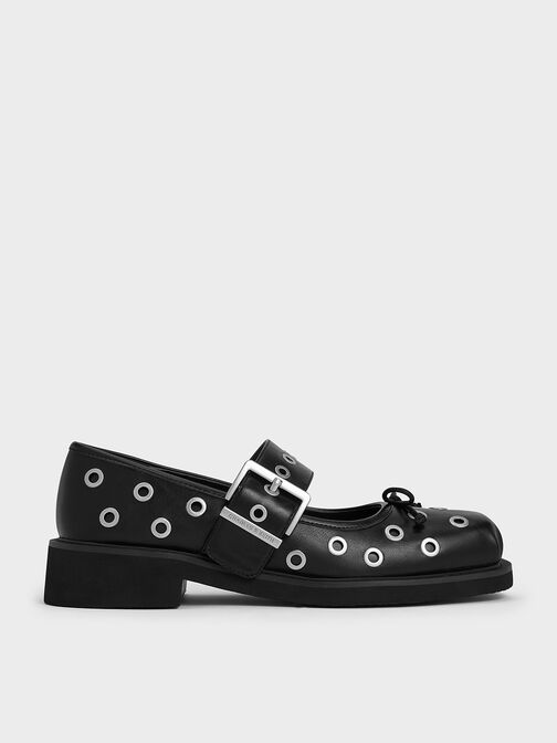 Grommet Buckled Mary Janes, Black, hi-res