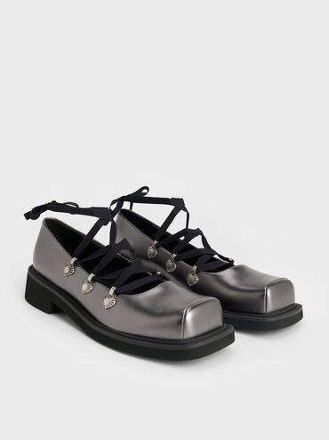 Metallic Heart-Embellished Lace-Up Ballet Flats, Pewter, hi-res