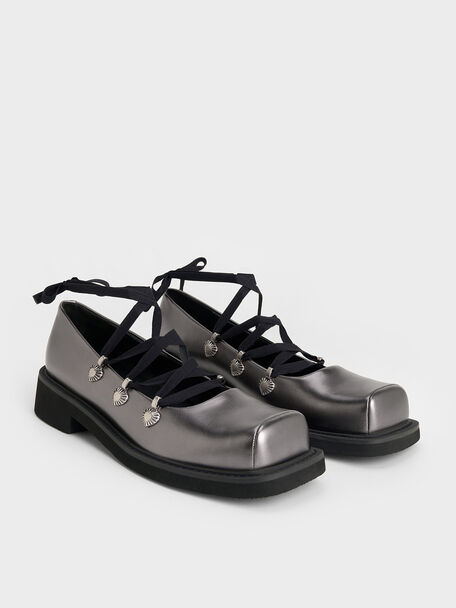 Metallic Heart-Embellished Lace-Up Ballet Flats, Pewter, hi-res
