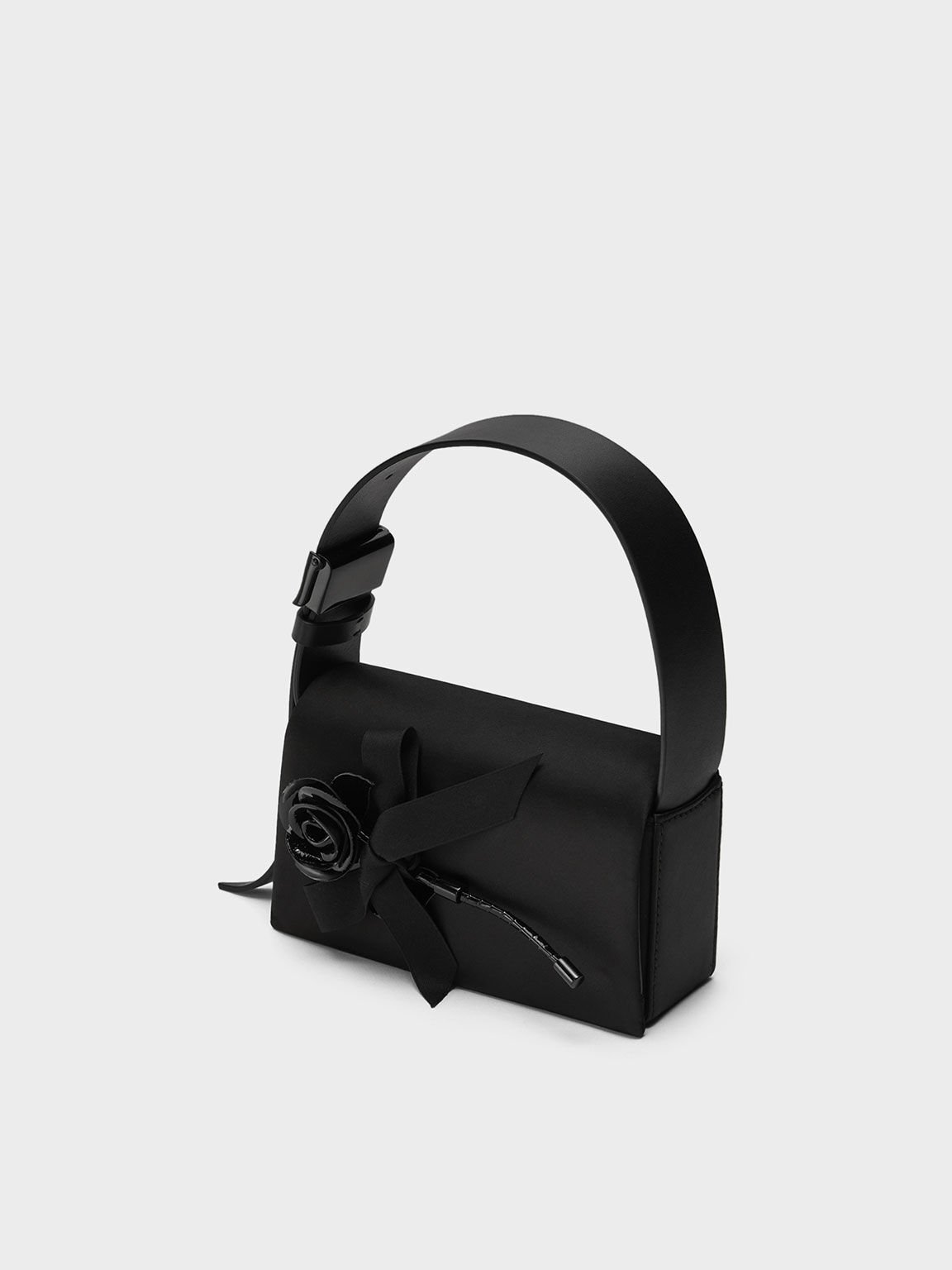 Chloris Satin & Leather Rose-Embellished Shoulder Bag, Black, hi-res