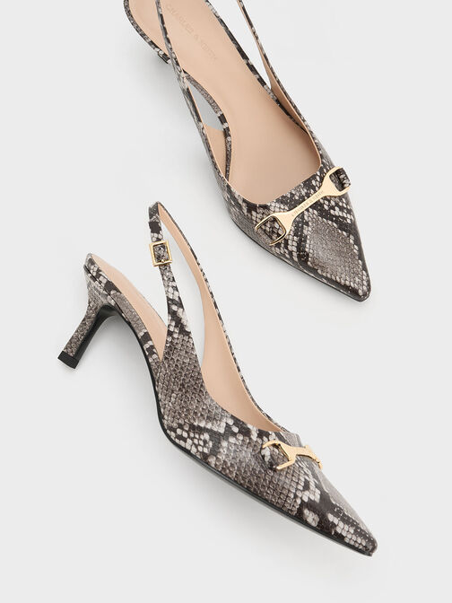 Snake-Print Metallic-Accent Slingback Pumps, Animal Print Natural, hi-res