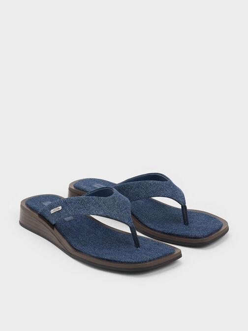 Denim V-Strap Wedge Thong Sandals, Denim Blue, hi-res