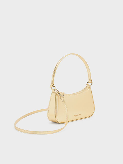 Metallic Curved Shoulder Bag, Gold, hi-res