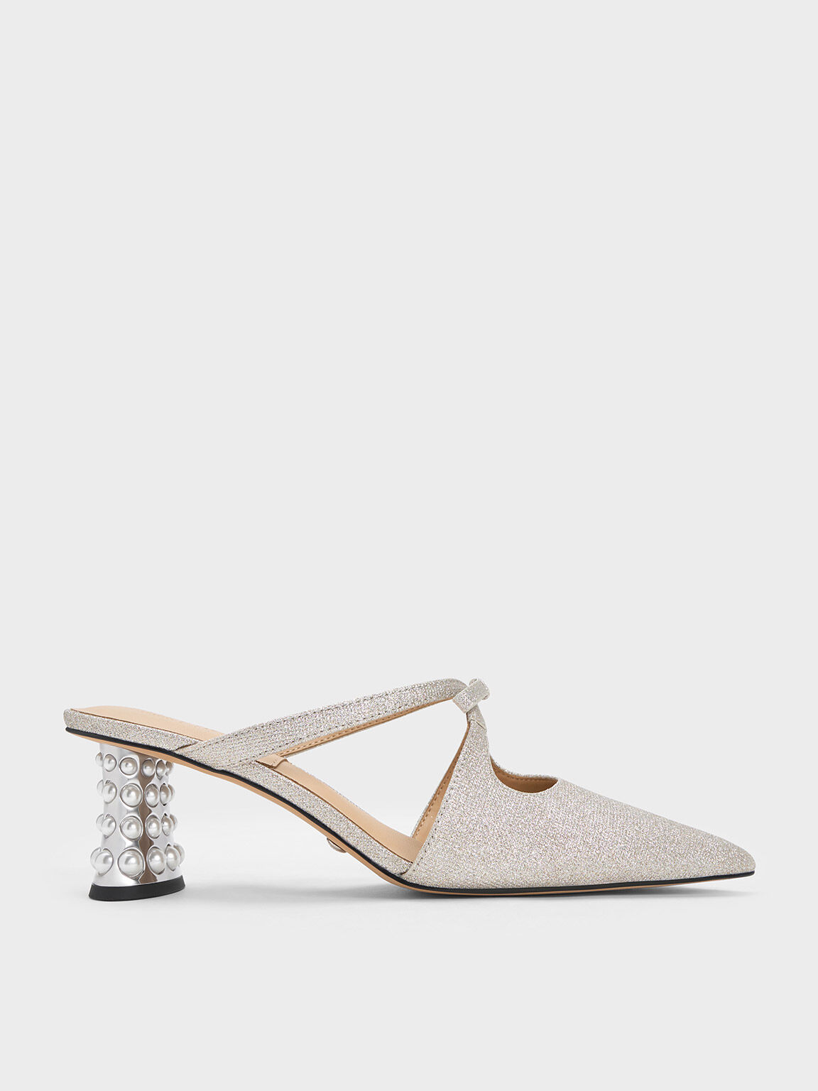 Beaded Heel Glittered Bow Mules, Silver, hi-res