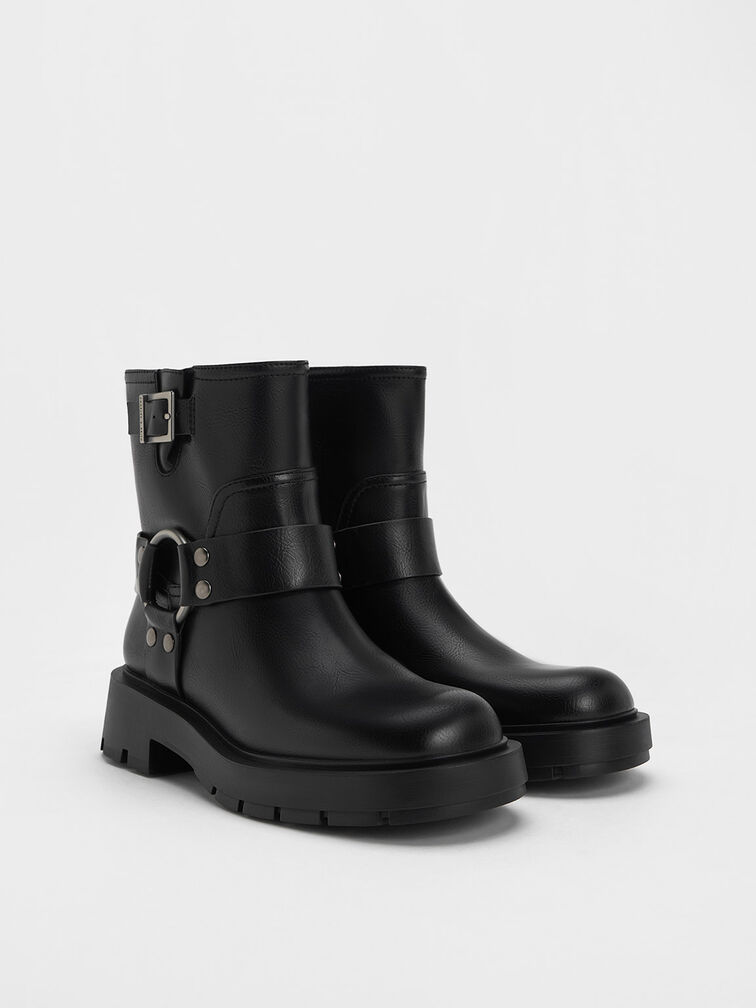 Metallic Buckled Ankle Boots, Black, hi-res